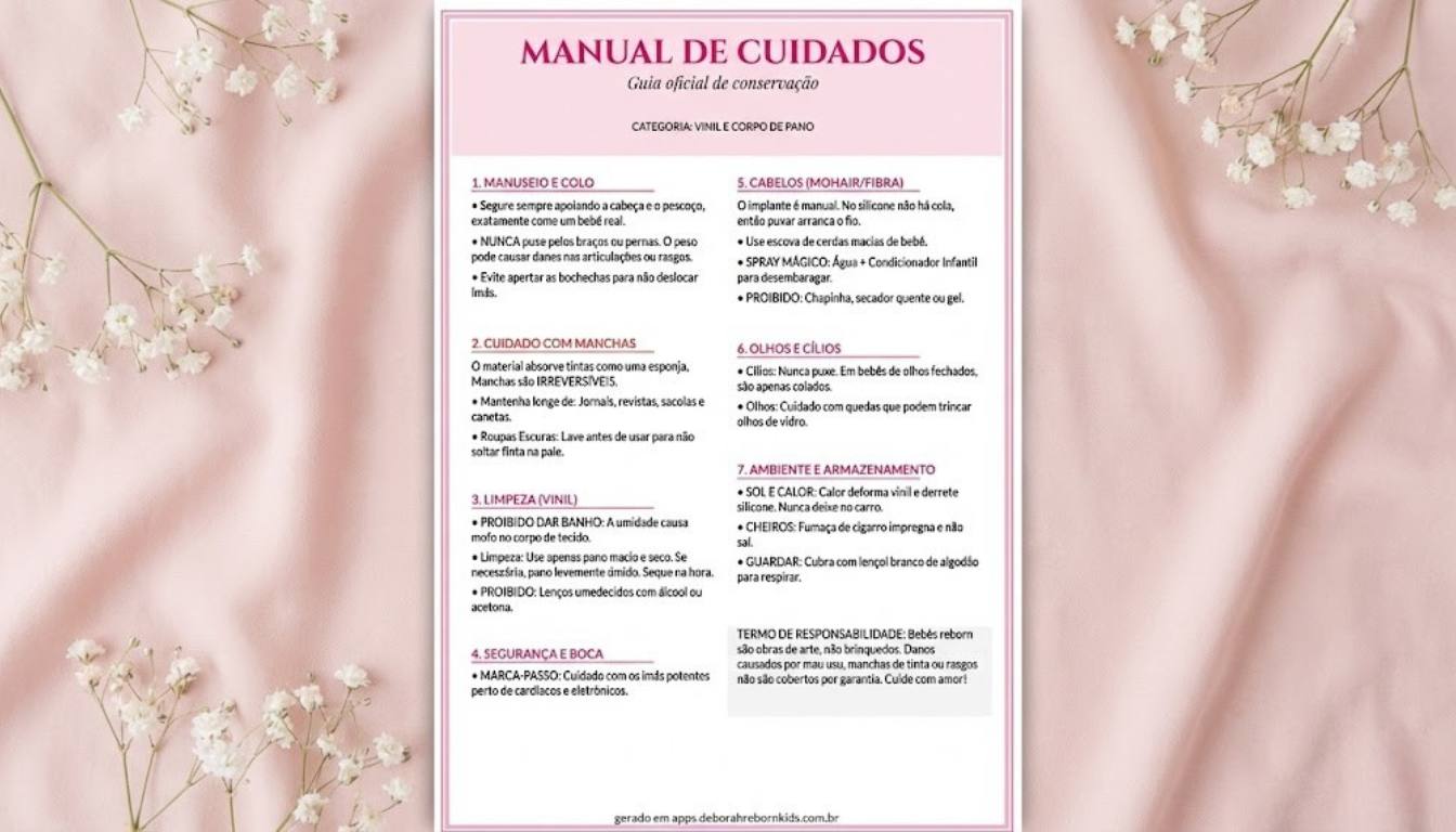 Manual de cuidados para bebês reborn, um guia completo e gratuito com dicas para preservar a qualidade e a beleza de bonecas de vinil e silicone sólido. O documento aborda desde o manuseio correto e a limpeza adequada para cada material até o armazenamento ideal, incluindo cuidados com cabelos, olhos e a importância de evitar o contato com tintas e canetas. O manual é ilustrado com um tema delicado e feminino, em tons de rosa e branco, e pode ser personalizado com o nome do bebê e da cegonha.