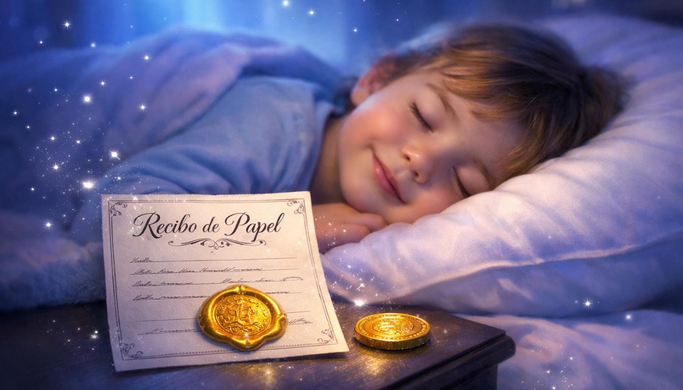 Criança pequena dormindo profundamente e sorrindo sobre um travesseiro branco macio, em um quarto escuro iluminado por uma suave luz azul de luar. Em primeiro plano, sobre o criado-mudo, há um recibo de papel elegante com um selo de cera dourado e uma moeda de ouro ao lado, enquanto partículas de brilho mágico flutuam no ar, criando uma atmosfera de sonho e magia.