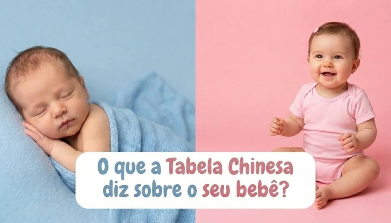 Banner da Tabela Chinesa da Gravidez dividido em azul e rosa com bebês recém-nascidos. Texto central pergunta: 'O que a Tabela Chinesa diz sobre o seu bebê?'. Imagem otimizada para calculadora de sexo do bebê.