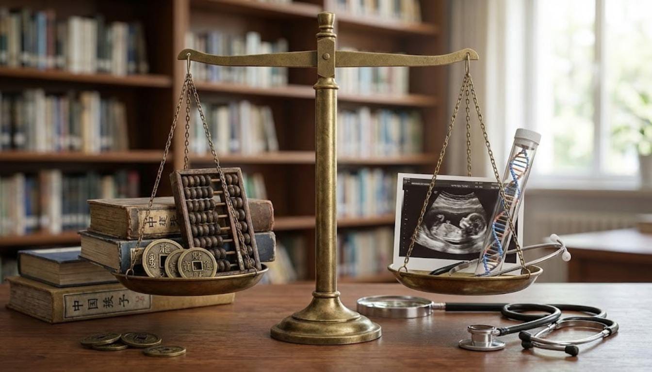 Balança de pratos antiga sobre uma mesa comparando tradição e ciência: no prato esquerdo, livros antigos e um ábaco chinês; no prato direito, uma foto de ultrassom e um modelo de DNA, ilustrando o debate se a Tabela Chinesa é verdadeira ou mito.