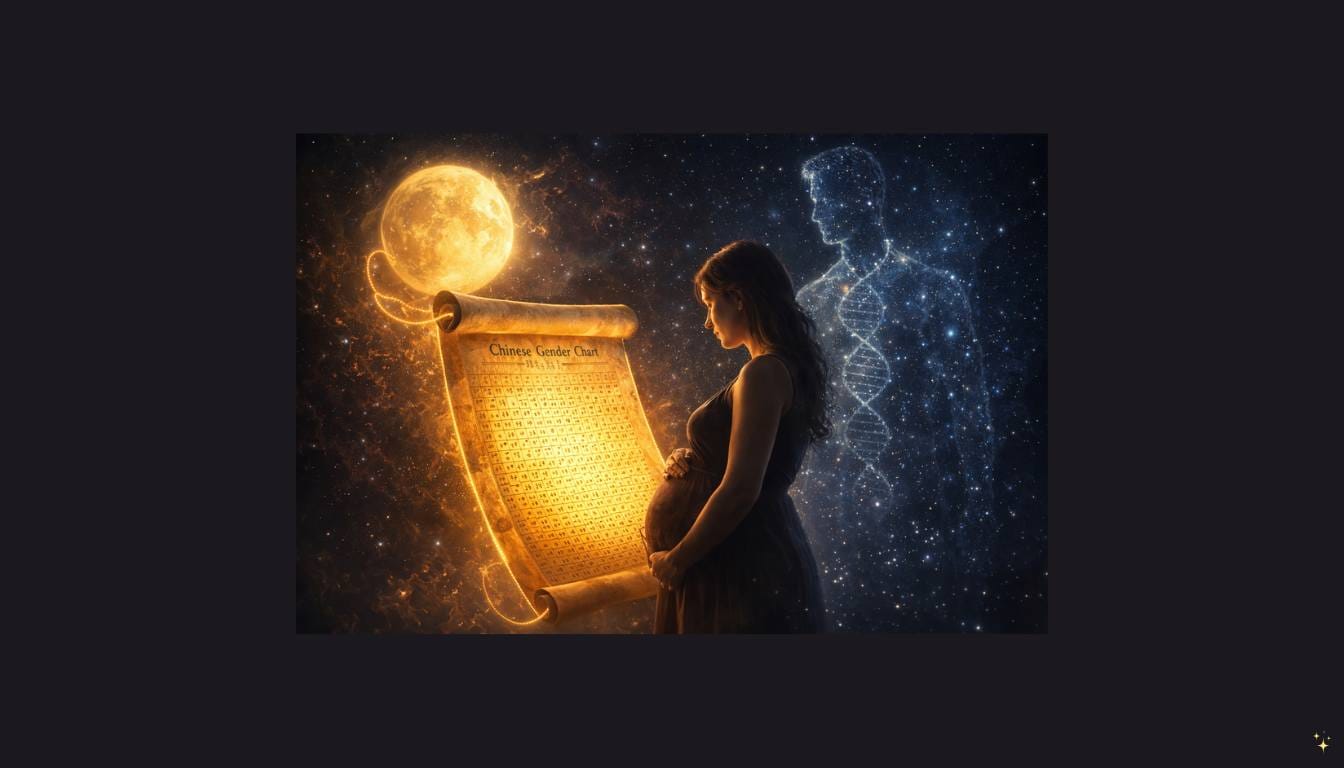 Ilustração conceitual mostrando uma gestante observando um pergaminho antigo da Tabela Chinesa, enquanto uma figura masculina feita de luz e constelações (representando a biologia do pai) está atrás dela, ilustrando o debate sobre a Tabela Chinesa com a idade do pai.